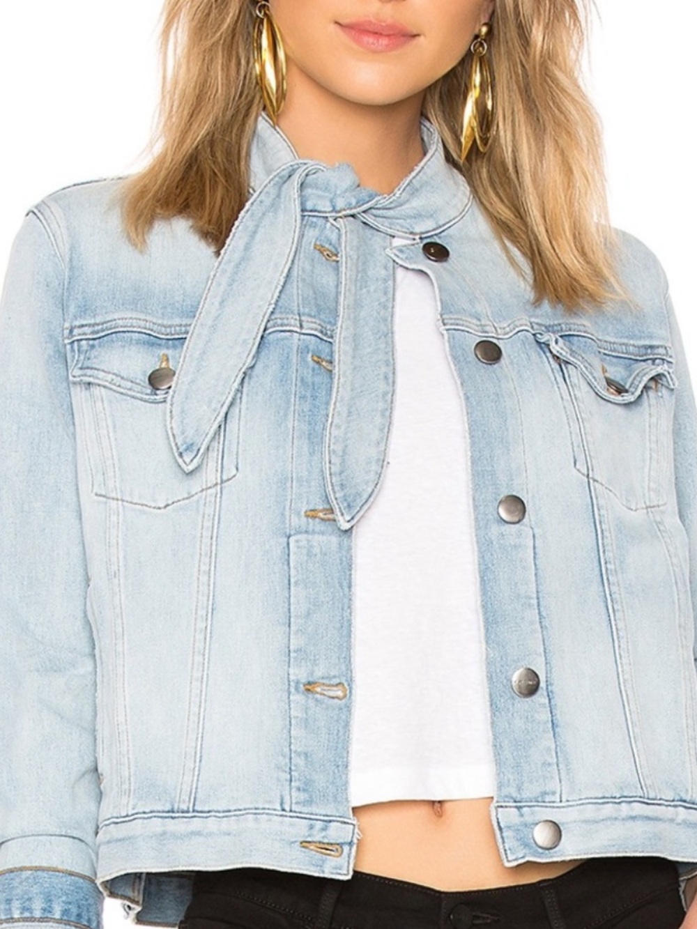 FRAME Le Tie-Neck Womens Light Wash Denim Jacket Scarf Collar Trucker NWT Size M